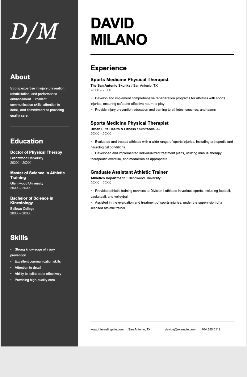 Modern initials resume - Bold initials resume for sports medicine professionals. Clean design highlights therapy expertise and athletic training experience.